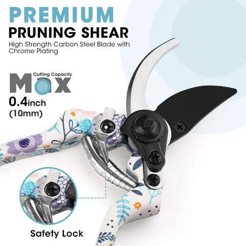 Aluminum Garden Tool Set Four Piece With Trowel Rake Pruner And Gloves In Sturdy Box Heavy Duty Hand Tools Floral Pattern Garden Kit For Planting Digging Transplanting And Weeding - Close-up of pruning shear with floral pattern.