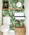 Tropical Peel And Stick Wallpaper Jungle Palm Leaf Green Vinyl Wall Covering 17.7 Inch By 393.7 Inch in a bathroom setting