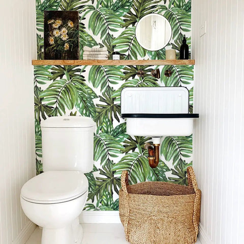 Tropical Peel And Stick Wallpaper Jungle Palm Leaf Green Vinyl Wall Covering 17.7 Inch By 393.7 Inch in a bathroom setting
