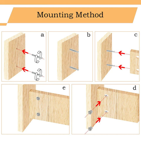 Heavy Duty Self Tapping Furniture Cabinet Connector Kit Featuring Zinc Plated Cam Locks and Precision Steel Dowels illustrated mounting method steps.