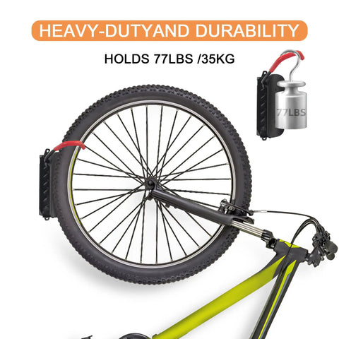 Rock Solid Swivel Bike Wall Mount Rack For Garage holding 77 lbs bike on wall, showing heavy-duty steel and rubber coated hooks, 2 pack.