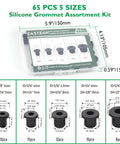 65 Pack Top Hat Rubber Grommets Assortment Kit for wiring and tubing in organizer case with size details, ideal for hydroponics and automotive applications.