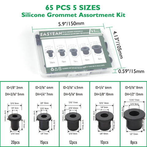 65 Pack Top Hat Rubber Grommets Assortment Kit for wiring and tubing in organizer case with size details, ideal for hydroponics and automotive applications.