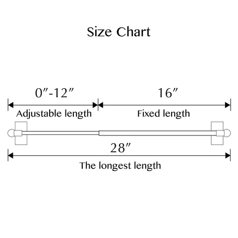 Size chart for Magnetic Curtain Rod Set For Metal Doors And Steel Surfaces One Half Inch Diameter Tool Free Install Adjustable