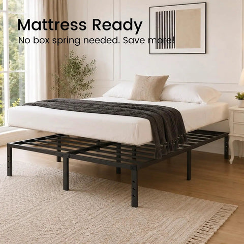 Queen Size Metal Platform Bed Frame With Heavy Duty Steel Construction And Eleven Tough Support Legs giving you serious under bed storage.