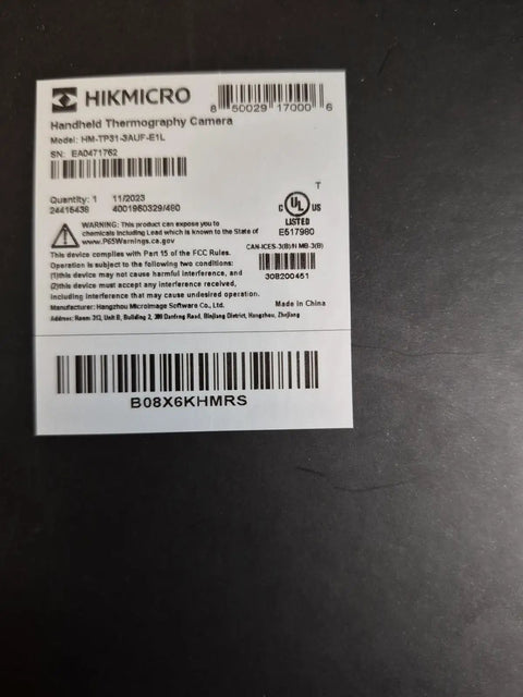 Label on E1L Handheld Thermal Imaging Camera With Laser Pointer, Lightweight 350G Pro Grade IR Scanner packaging.