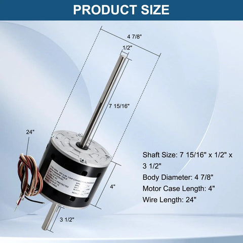 D1092 RV Air Condenser Blower Motor dimensions with dual shaft, wire length, and motor case details displayed.