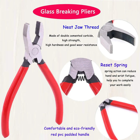 Glass Cutter Tool Set With 8 Inch Running Pliers And 6 Inch Breaker Pliers For Glass Cutting Curved Jaws Stained Glass Projects Zipper Bag Replacement Blades And Cross Screwdriver."Image showing red-handled glass breaking pliers with neat jaw thread and reset spring details.