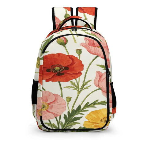 Vibrant Watercolor Poppies Backpack In Red Pink And Yellow For Unisex Use With Large Capacity Daypack front view showing floral design