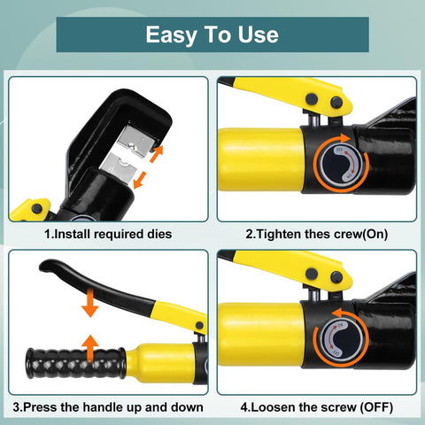 Instructions for using Beefy Hydraulic Crimping Tool Kit With 13 Dies, 10 Ton Battery Cable Crimper And Wire Rope Crimper.