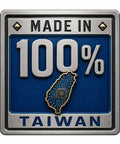 Made in 100% Taiwan badge featuring a microchip design against a blue background and metallic border.