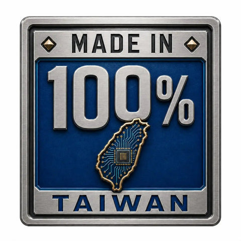 Made in 100% Taiwan badge featuring a microchip design against a blue background and metallic border.