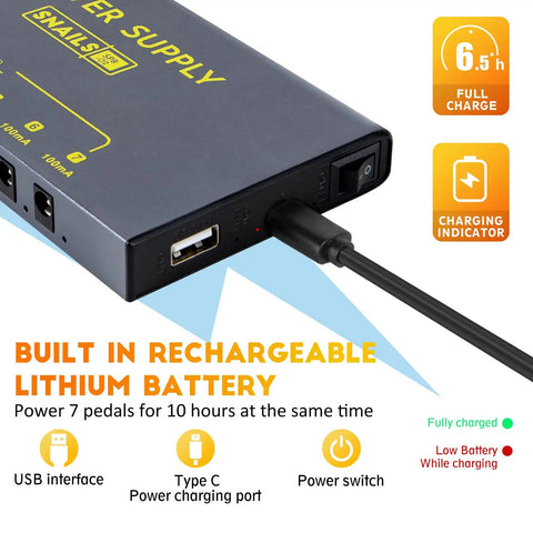 Portable Guitar Pedal Power Supply With Seven Isolated DC Outputs And Built In 3.7V 10000mAh Battery showing USB port and indicators