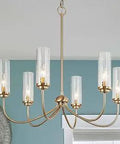 Modern Gold Chandelier With Seeded Glass Shades, 25-Inch Round Polished Brass Ceiling Light, Height Adjustable, UL Listed
