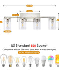 Brushed Nickel Vanity Light Fixtures For Modern Bathrooms With Clear Glass Shades Four Light E26 Standard Socket dimensions