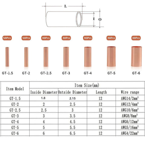 Diagram showing Premium Wire Ferrules Kit 250Pcs, 7 Size Non Insulated Copper Crimp Connectors with measurements and wire range.