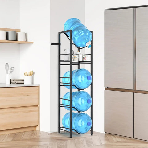 2 In 1 Five Gallon Water Jug Holder With Five Tier Stand And One Dispenser Valve Go To Tabletop Space Saving Water Bottle Storage Rack Organizer For Kitchen Office And Garage next to kitchen cabinets