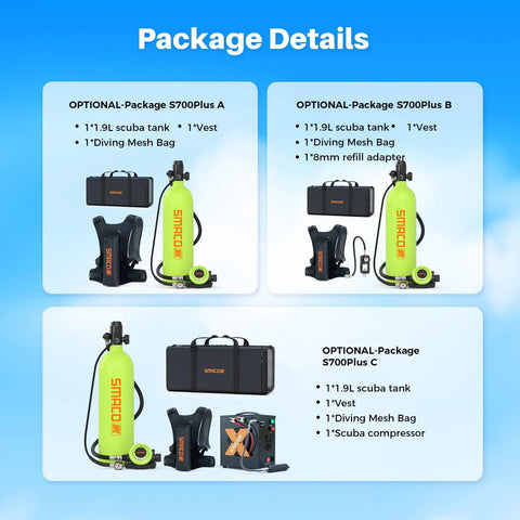 1.9L Mini Scuba Tank Portable Diving Pony Bottle Kit with accessories and packaging details for underwater exploration