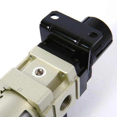Close-up of All In One 1/4 NPT Air Filter Regulator Piggyback Combo with poly bowl and metal guard, AW3000N02A.