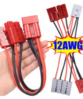 Heavy Duty 50A 12AWG Double Y Adapter Conector Plug with color coded red and black wires held in hand, ideal for battery projects.