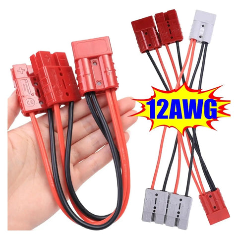 Heavy Duty 50A 12AWG Double Y Adapter Conector Plug with color coded red and black wires held in hand, ideal for battery projects.