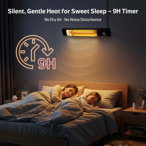Bedroom setup with 34 Inch 1500W Infrared Patio Heater With Motion Sensor IPX5 Waterproof 9 Heat Levels And 9H Timer Wall Mounted