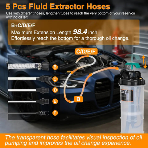 5 pcs fluid extractor hoses with 98.4 inch length for Heavy Duty Manual Oil Extractor Pump With 9L Spill Free Jug for easy oil changes.
