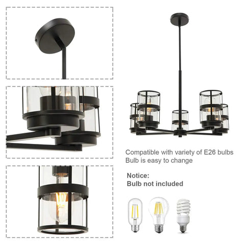 Five Light Pendant Lighting Fixture With Vintage Farmhouse Clear Glass Shades, Height Adjustable Chandelier shown in detail view