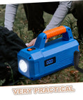 Blue portable flashlight with ergonomic handle and digital display used for outdoor illumination and emergencies.