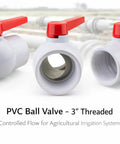 PVC Shut Off Ball Valve 3 Inch, 150 Psi, Schedule 40, Threaded Ends For Potable Water and Irrigation, displayed in three angles