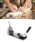 Person marking wood with pencil beside No Sweat Precision Pocket Hole Jig System Dead On Drill Depth Control for DIY projects.