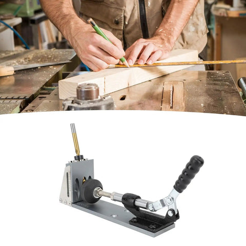 Person marking wood with pencil beside No Sweat Precision Pocket Hole Jig System Dead On Drill Depth Control for DIY projects.