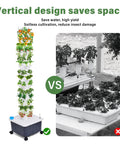 Vertical Hydroponic Growth Tower with 14 layers and 70 slots for easy balcony garden shown beside traditional garden bed.