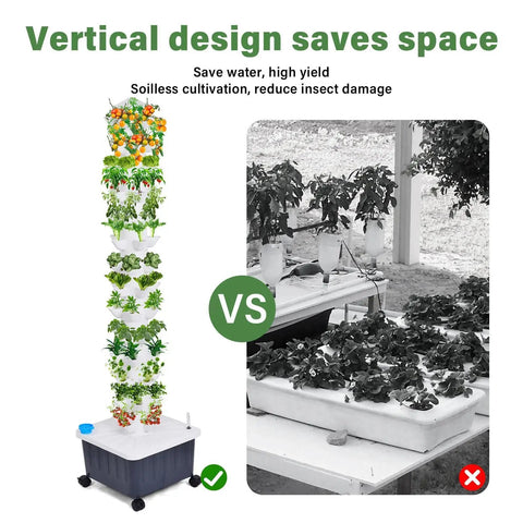Vertical Hydroponic Growth Tower with 14 layers and 70 slots for easy balcony garden shown beside traditional garden bed.