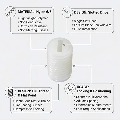 White Nylon Slotted Set Screws M4 X 8 mm Non Conductive Plastic Grub Fasteners For Electronics And Machinery detailing material and design.