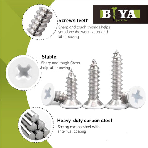 Self Tapping Wood Screws Set 120 Pieces No 8 White Flat Head Assortment shown with carbon steel finish and cross heads