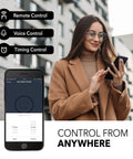 Woman using smartphone app to control Dual Outlet Smart Plug 15A WiFi Extender With Independent Outlets Works With Alexa And Google Home
