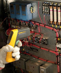 Boss Level HVAC Pro Infrared Thermometer With Dual Infrared And Thermocouple Modes, Reads Minus Forty To One Thousand Twenty Two Degrees Fahrenheit (Forty To Five Hundred Fifty Celsius), Perfect For HVAC And Refrigeration, Electrical, And Industrial Work. Handheld infrared thermometer measuring an electrical control panel.