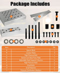 Universal 30 Ton Bearing and Bushing Press Fixture Kit components and accessories displayed with labels and descriptions.
