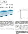 Illustration of Unibilt Blue Enclosed Conveyor Track with specifications and diagrams