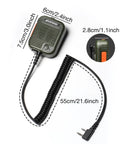 Boss Level Rugged Tactical Speaker Mic with coiled cord, adjustable volume, dimensions, and 2-pin plug shown; compatible with UV5R.