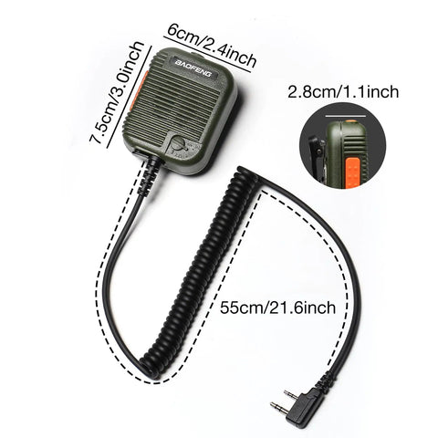 Boss Level Rugged Tactical Speaker Mic with coiled cord, adjustable volume, dimensions, and 2-pin plug shown; compatible with UV5R.