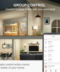 Illustration of Smart WiFi A19 Light Bulbs With Google Assistant And Alexa Soft White 2700K 800 Lumens Dimmable No Hub Needed Works With Voice Control 2 Pack For Enhanced Mood Lighting, showing group control on smartphone app interface in home setting.