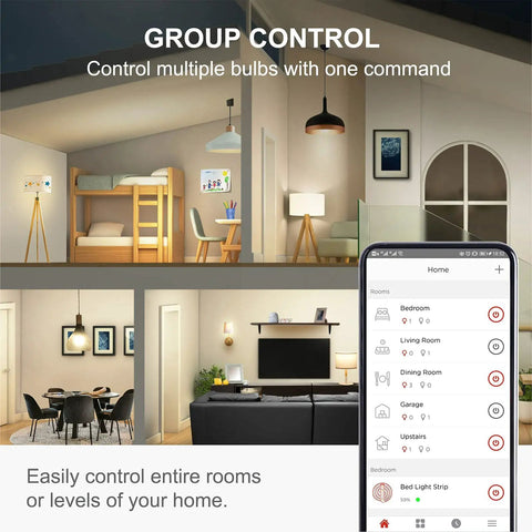 Illustration of Smart WiFi A19 Light Bulbs With Google Assistant And Alexa Soft White 2700K 800 Lumens Dimmable No Hub Needed Works With Voice Control 2 Pack For Enhanced Mood Lighting, showing group control on smartphone app interface in home setting.