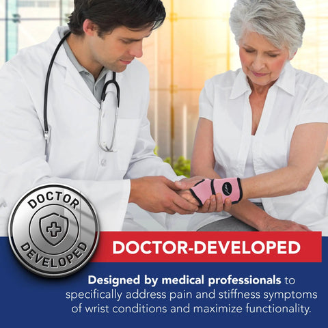Doctor assisting woman with Wrist Brace For Carpal Tunnel And Tendonitis With Comfortable Hand Support Pink One Pack Great For Fitness And Weightlifting Includes Handy Handbook For Easy Self Care.