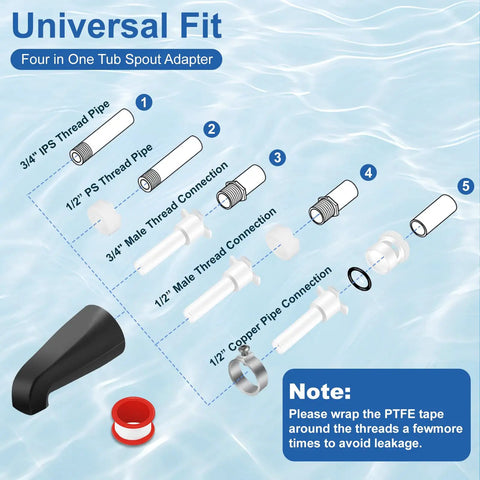 Diagram of Tub Shower Trim Kit With Four In One Tub Spout Adapter for various pipe connections on blue background