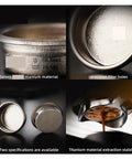 Premium Titanium Portafilter Basket 58.5mm Holds 18 To 20 Grams showing precision filter holes and detailed titanium design.