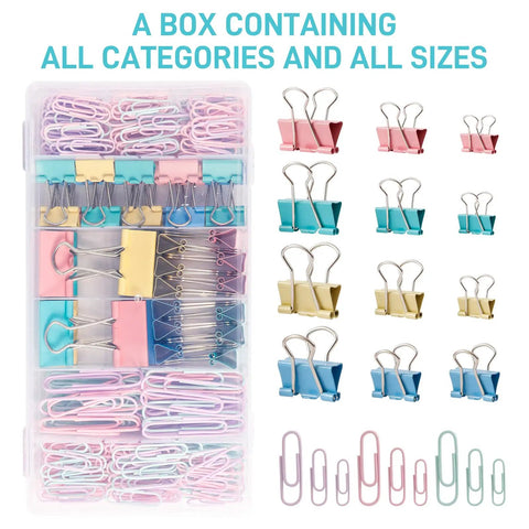 Colorful Binder Clips And Paper Clips Set With Assorted Sizes For Home Office And School Classrooms 310 Piece Kit in box display