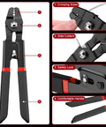 All-In-One 328ft Wire Rope Crimping Tool Kit with Heavy-Duty Crimp Tool showing crimping sizes, side cutters, safety lock, handle.