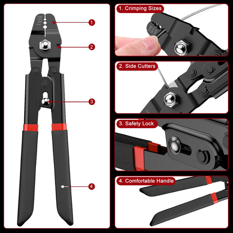 All-In-One 328ft Wire Rope Crimping Tool Kit with Heavy-Duty Crimp Tool showing crimping sizes, side cutters, safety lock, handle.